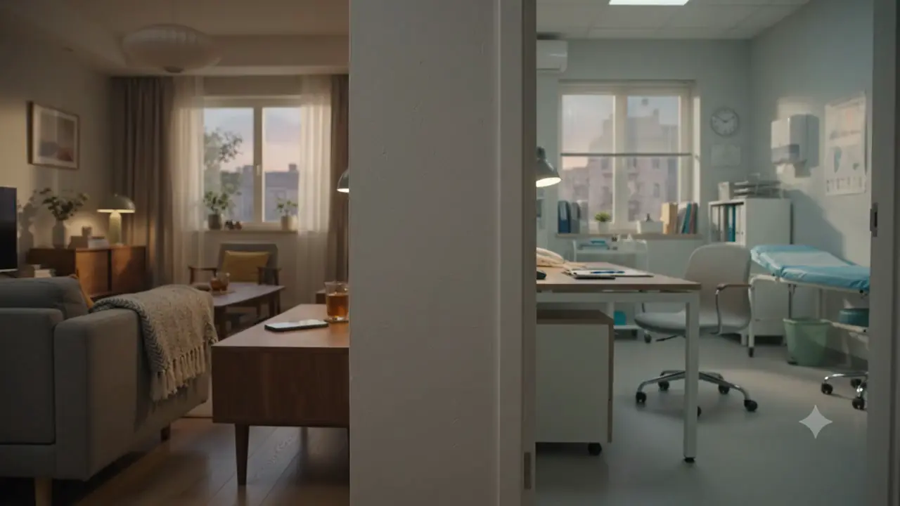 A dim living room and a bright clinic office, separated by a wall, each with a phone about to ring.